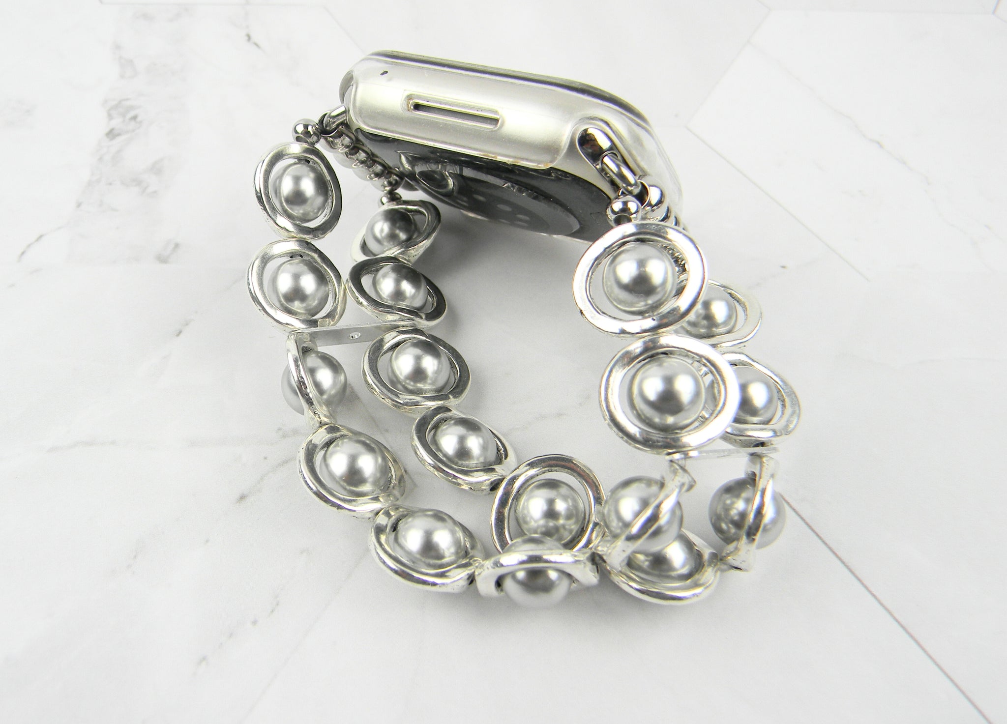 Silver Ovals and Silver Glass Beads Watch Band for Apple Watch