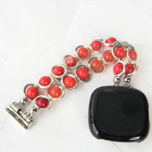 Silver Ovals and Red Beads Watch Band for Fitbit Versa 3&4 Smart Watch