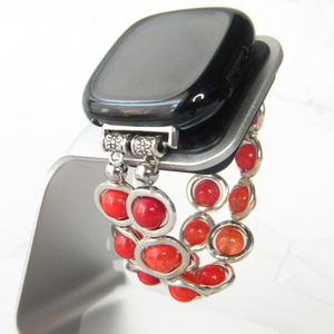 Silver Ovals and Red Beads Watch Band for Fitbit Versa 3&4 Smart Watch