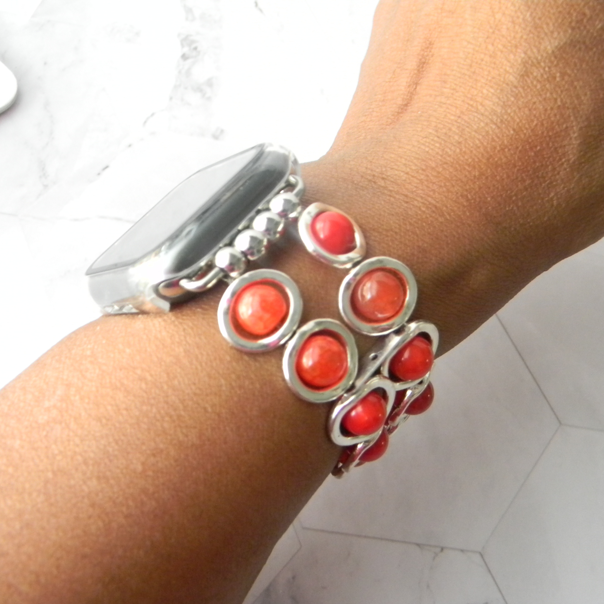 Silver Ovals and Red Beads Watch Band for Apple Watch