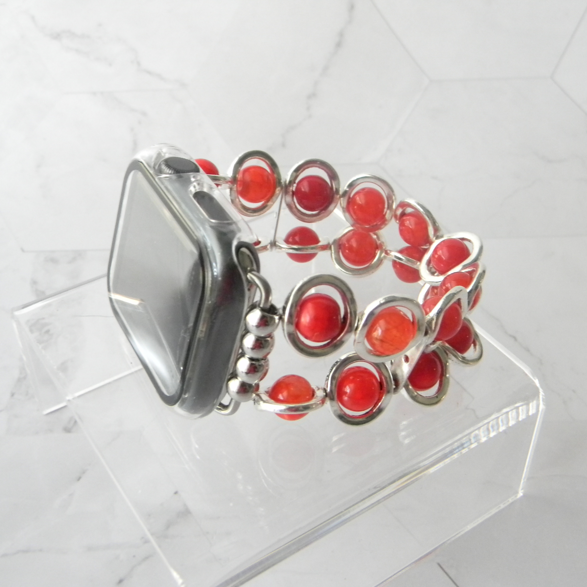 Silver Ovals and Red Beads Watch Band for Apple Watch