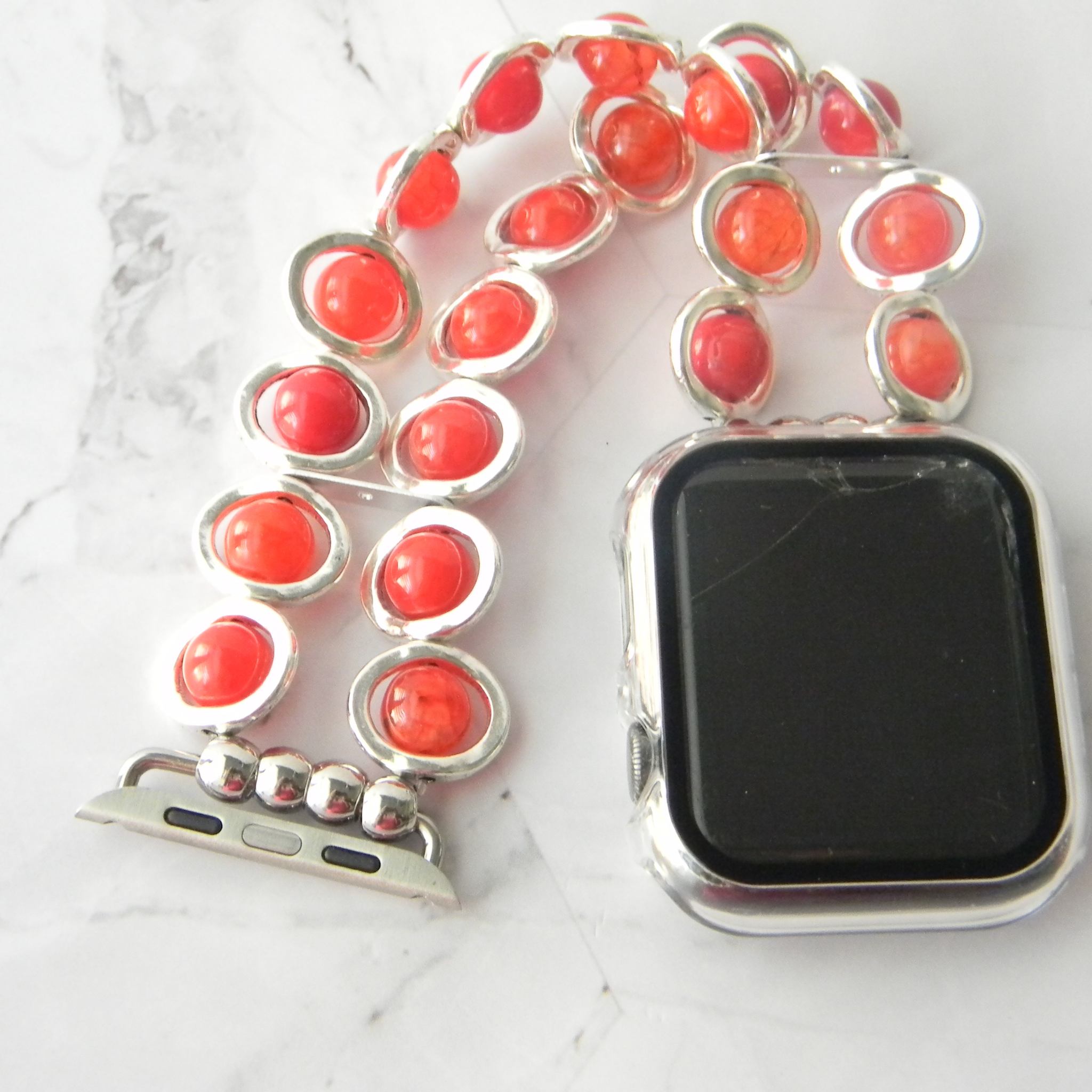 Silver Ovals and Red Beads Watch Band for Apple Watch