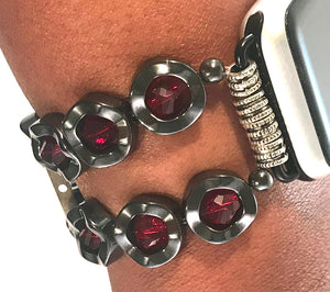 Wavy Hematite and Red Crystals Watch Band for Apple Watch