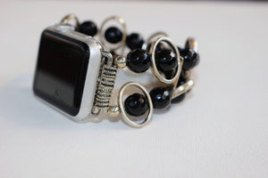 Black Obsidian and Silver Ovals Watch Band for Apple Watch