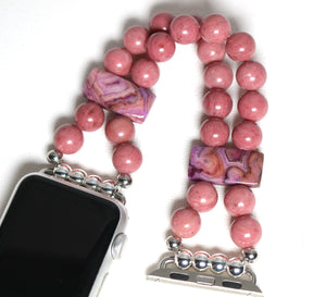 Rose Pink Rhodonite and Crazy Lace Agate Bracelet Watch Band for Apple Watch