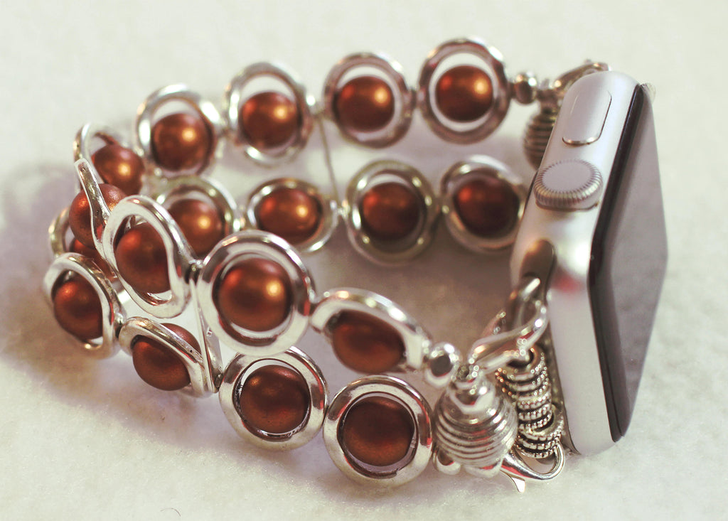 Silver Ovals and Copper Glass Beads Watch Band for Apple Watch