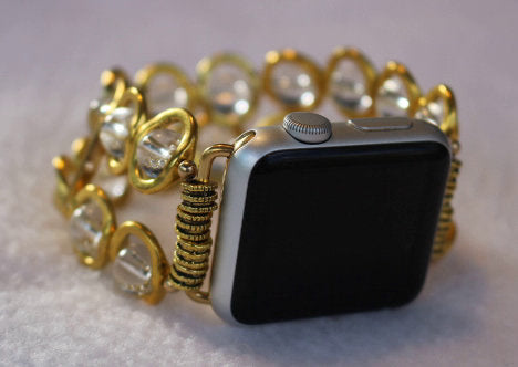 Watch Band for Apple Watch, Gold Ovals and Clear Beads