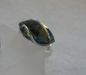 Denim Blue Crystal Navette Wire Wrapped Sterling Silver Ring