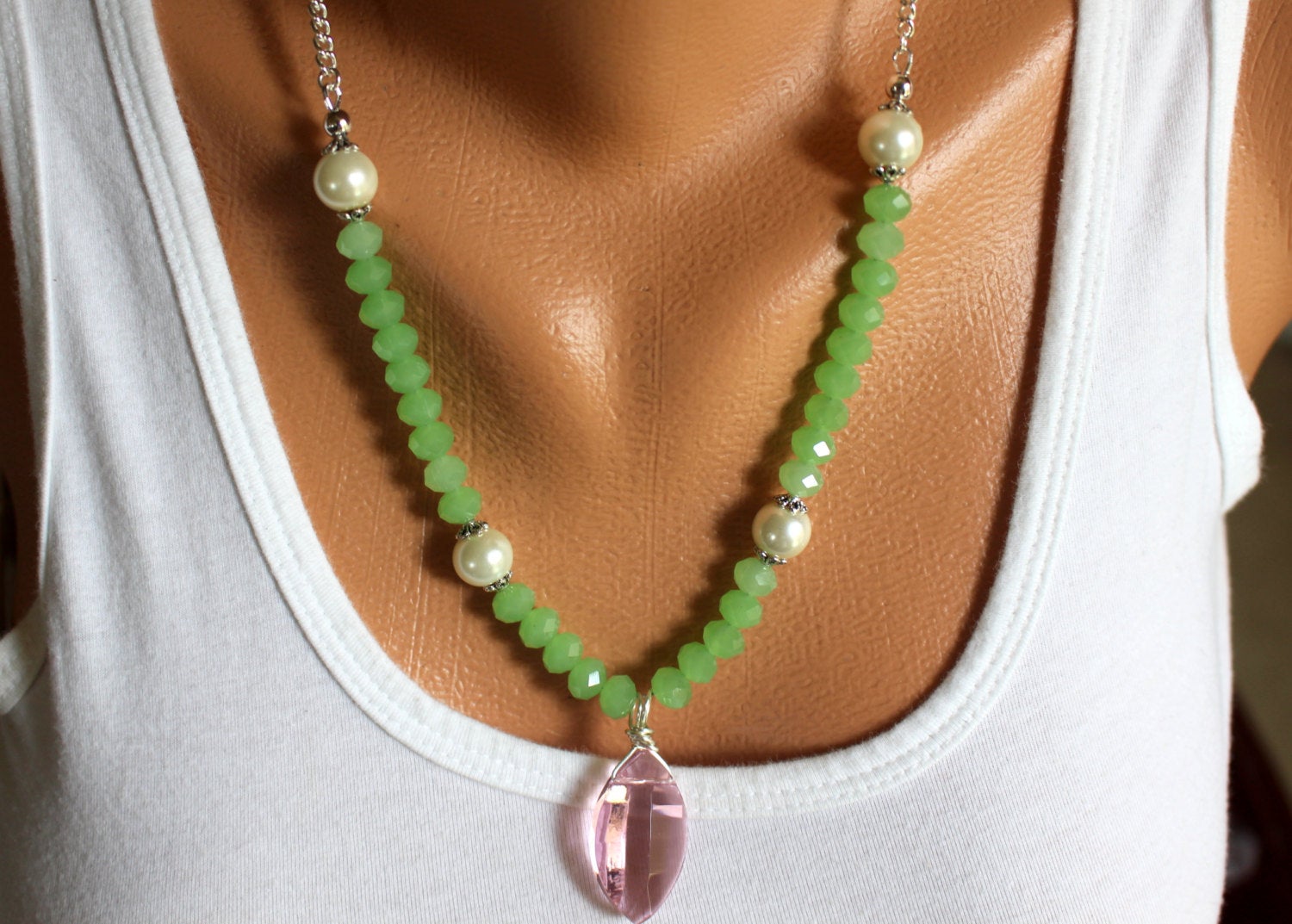 Green Jade Crystal and Pearl Necklace